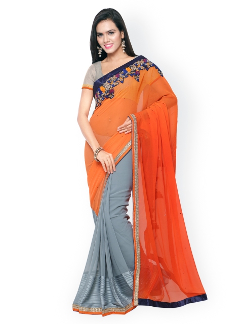 

Touch Trends Orange & Grey Embroidered Georgette Embellished Saree