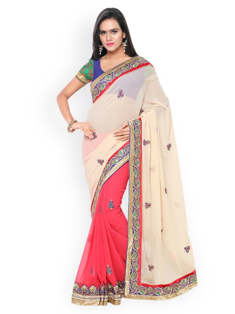 

Touch Trends Beige & Pink Embroidered Georgette Embellished Saree