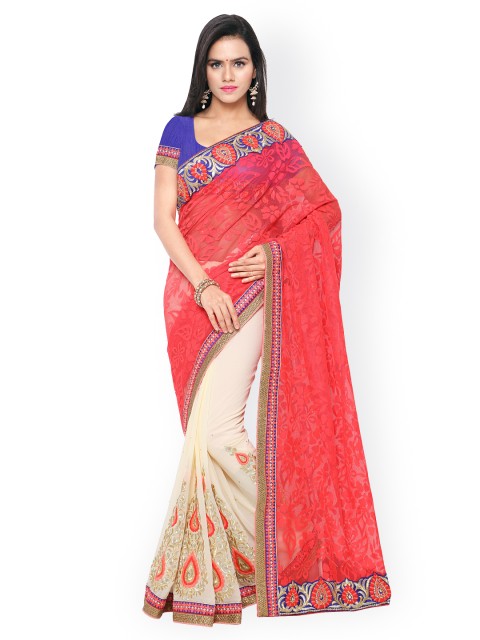 

Touch Trends Coral Red & Cream-Coloured Net & Georgette Embellished Saree