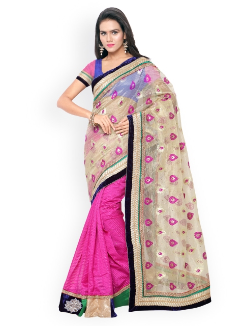 

Touch Trends Beige & Pink Embroidered Jacquard & Art Silk Embellished Saree