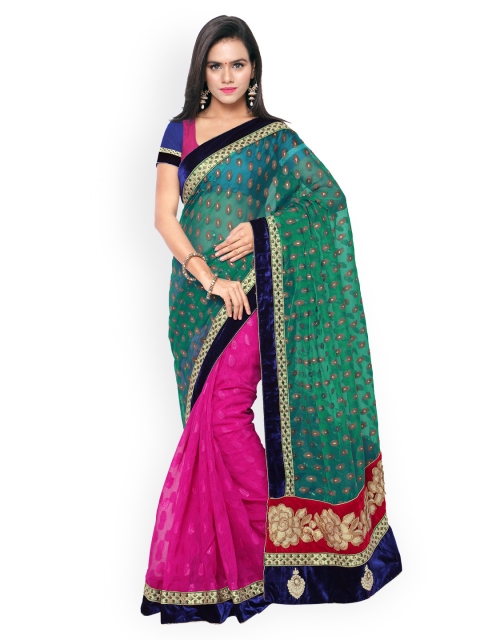 

Touch Trends Green & Pink Embroidered Net & Jacquard Embellished Saree