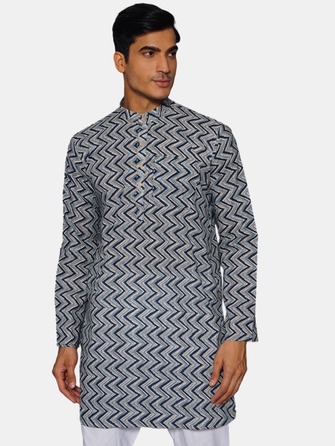 

Wintage Men Blue Geometric Printed Thread Work Kurta
