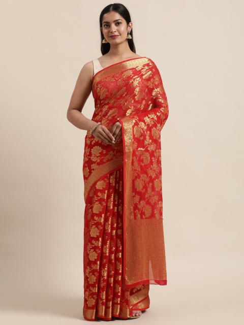 

Geroo Jaipur Red & Gold-Toned Woven Design Zari Pure Georgette Saree