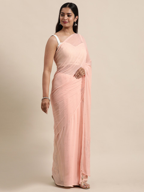 

Geroo Jaipur Peach-Coloured Embellished Mukaish Pure Chiffon Saree