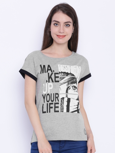 

Flying Machine Women Grey Melange Printed Round Neck T-Shirt