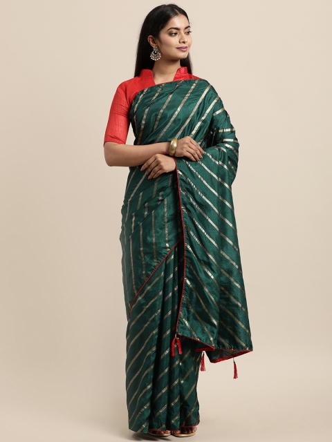 

LADUSAA Green Leheriya Foil Print Poly Cotton Saree