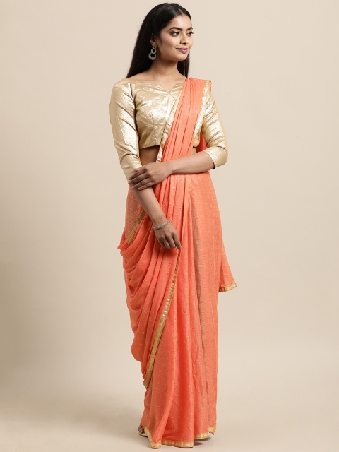 

LADUSAA Peach-Coloured & Golden Quirky Print Poly Chiffon Saree