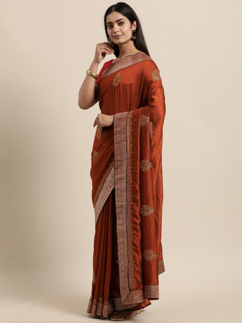 

LADUSAA Maroon Ethnic Motifs Embrodered Silk Blend Saree