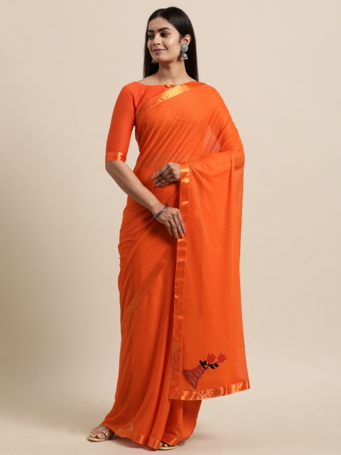 

LADUSAA Orange Silk Blend Saree