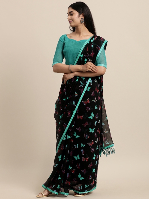 

LADUSAA Black & Turquoise Blue Butterfly Printed Poly Chiffon Saree