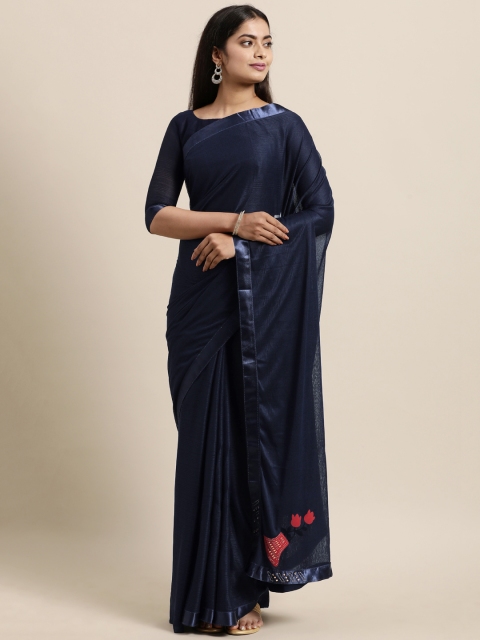 

LADUSAA Navy Blue Silk Blend Saree with Embroidered Detail