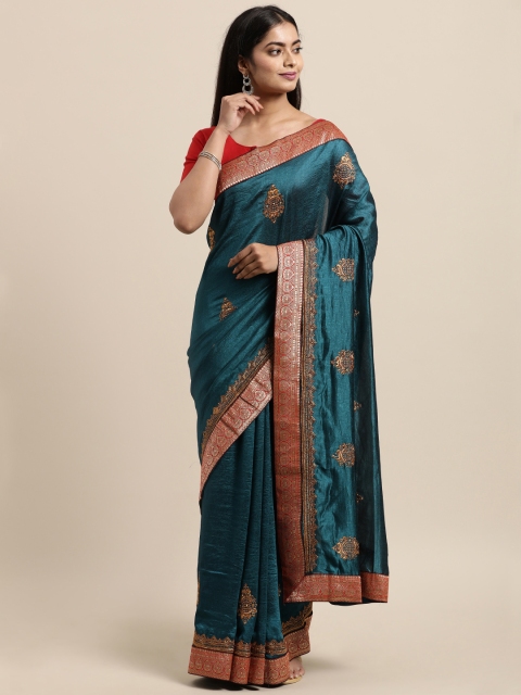 

LADUSAA Teal Green Floral Embroidered Silk Blend Saree