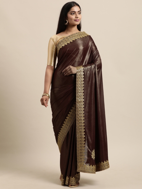

LADUSAA Coffee Brown Embroidered Detail Silk Blend Saree