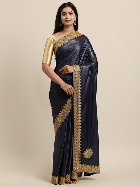 

LADUSAA Navy Blue & Golden Embroidered Detail Silk Blend Saree
