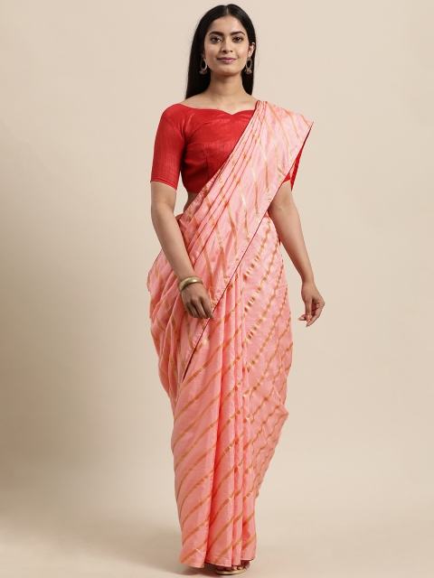 

LADUSAA Pink & Red Leheriya Foil Print Poly Cotton Saree