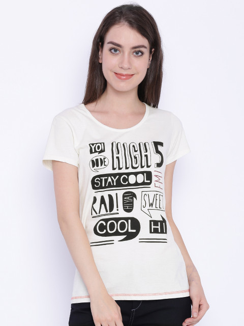 

Flying Machine Women Cream-Coloured Printed Round Neck T-Shirt