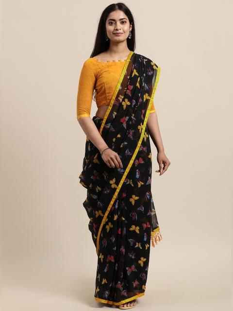 

LADUSAA Black & Yellow Butterfly Print Poly Cotton Saree