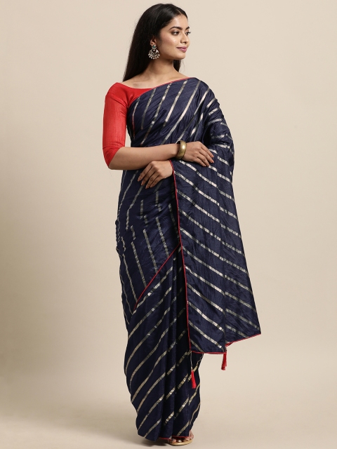 

LADUSAA Navy Blue & Golden Leheriya Foil Print Saree