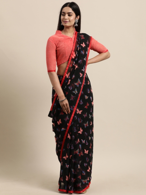 

LADUSAA Black & Pink Butterfly Printed Poly Chiffon Saree