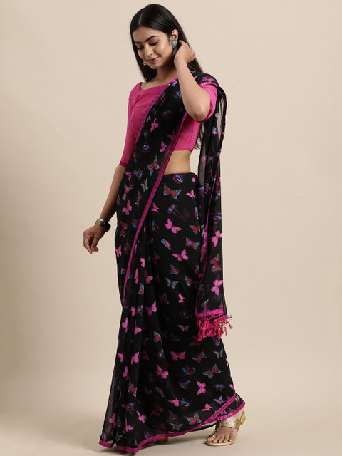 

LADUSAA Black & Pink Butterfly Printed Poly Chiffon Saree