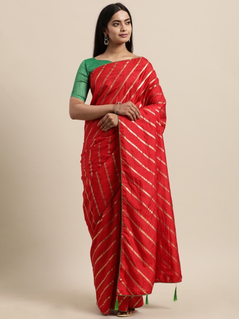 

LADUSAA Red & Golden Leheriya Foil Print Poly Cotton Saree