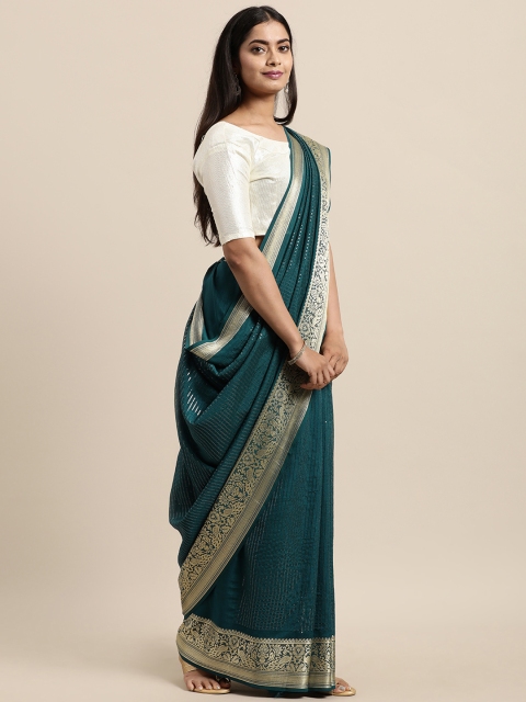 

LADUSAA Teal Green Striped Poly Georgette Saree