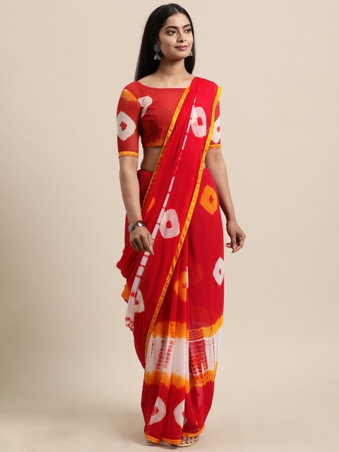 

LADUSAA Maroon & White Tie and Dye Poly Chiffon Saree