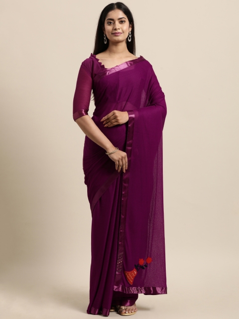 

LADUSAA Purple Floral Embroidered Silk Blend Saree