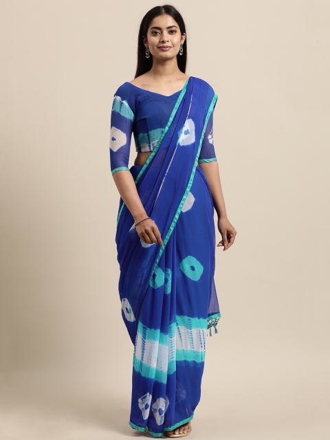 

LADUSAA Blue & White Tie and Dye Poly Chiffon Saree