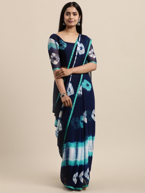

LADUSAA Navy Blue & White Tie and Dye Poly Chiffon Saree