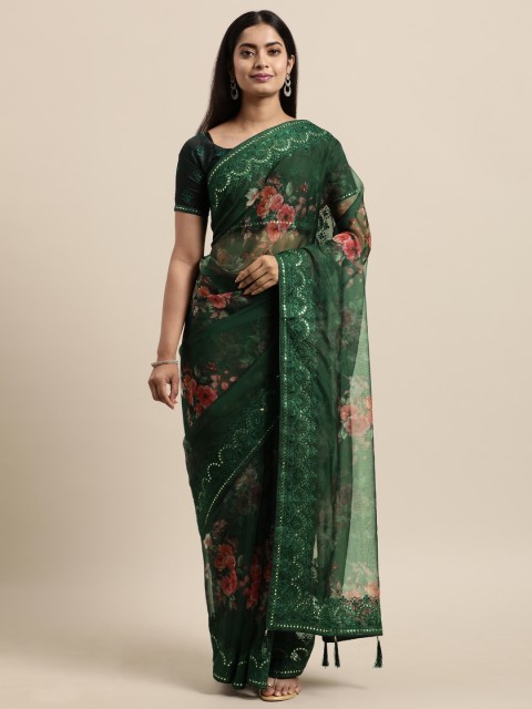 

LADUSAA Green Floral Mirror Work Organza Saree