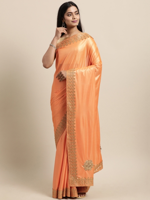 

LADUSAA Peach-Coloured Embroidered Detail Silk Blend Saree