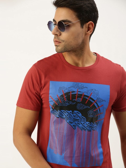 

Peter England Men Maroon Printed Pure Cotton Slim Fit Pure Cotton T-shirt