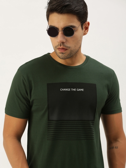 

Peter England Men Olive Green Typography Printed Slim Fit Pure Cotton T-shirt