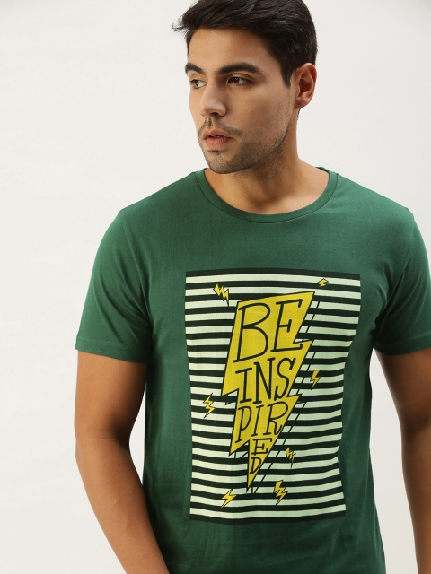 

Peter England Men Olive Green Yellow Typography Printed Pure Cotton T-shirt
