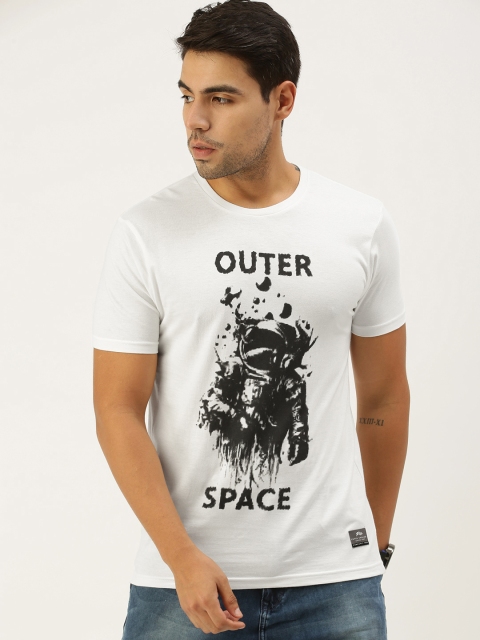 

Peter England Men Beige Black Graphic Printed Pure Cotton T-shirt