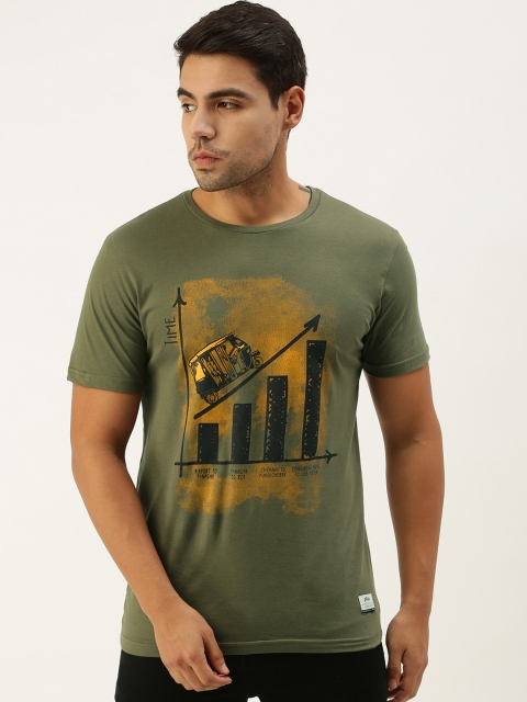 

Peter England Men Olive Green Printed Pure Cotton Slim Fit Pure Cotton T-shirt