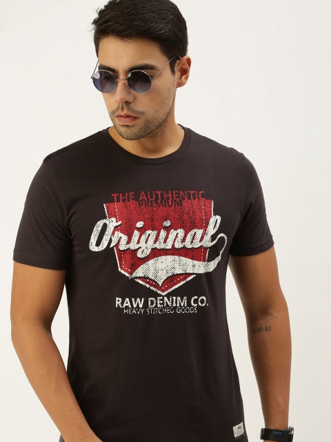 

Peter England Men Charcoal Black Typography Print Pure Cotton Slim Fit Pure Cotton T-shirt