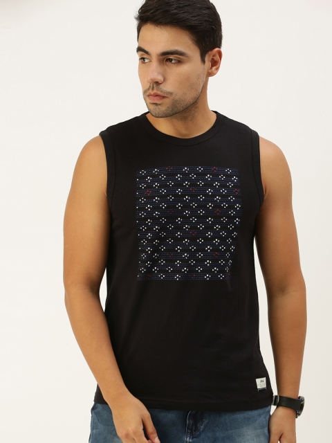

Peter England Men Black Printed Pure Cotton Sleeveless Slim Fit Pure Cotton T-shirt