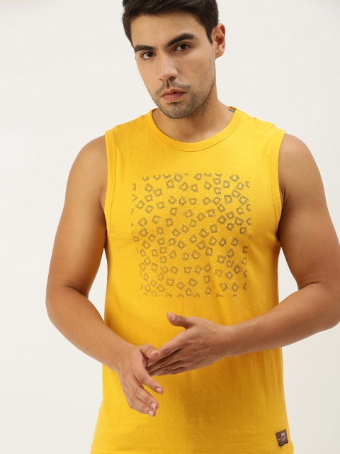 

Peter England Men Yellow Printed Slim Fit Pure Cotton T-shirt