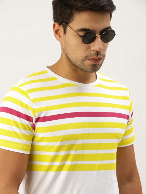 

Peter England Men White Yellow Striped Slim Fit Cotton Casual Pure Cotton T-shirt