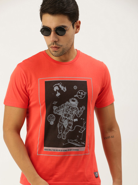 

Peter England Men Peach Coloured Graphic Print Slim Fit Pure Cotton T-shirt