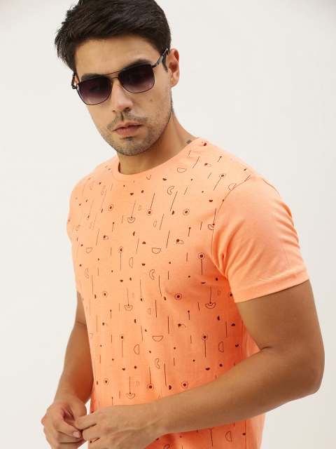

Peter England Men Orange Printed Pure Cotton Slim Fit Pure Cotton T-shirt