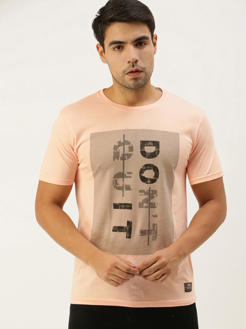 

Peter England Men Peach-Coloured Typography Printed Pure Cotton Slim Fit Pure Cotton T-shirt