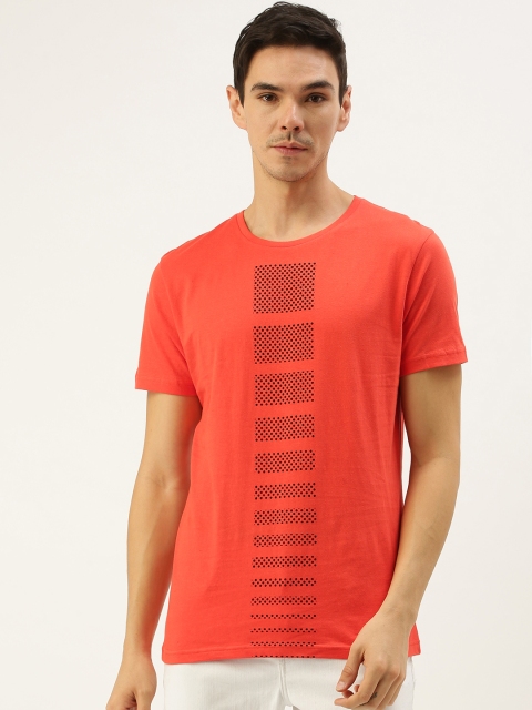 

Peter England Men Orange Black Geometric Printed Pure Cotton T-shirt