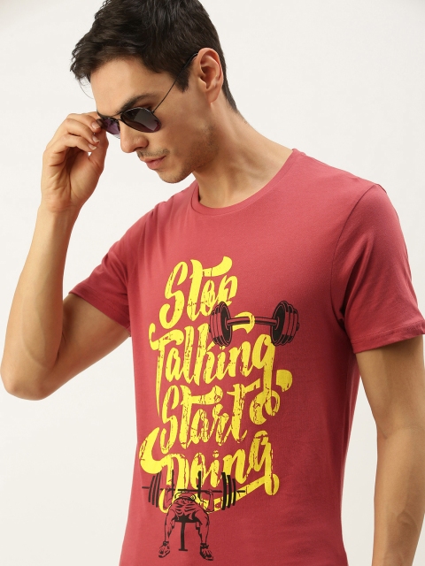 

Peter England Men Red Yellow Typography Printed Pure Cotton T-shirt