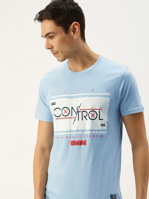 

Peter England Men Blue White Typography Printed Pure Cotton T-shirt