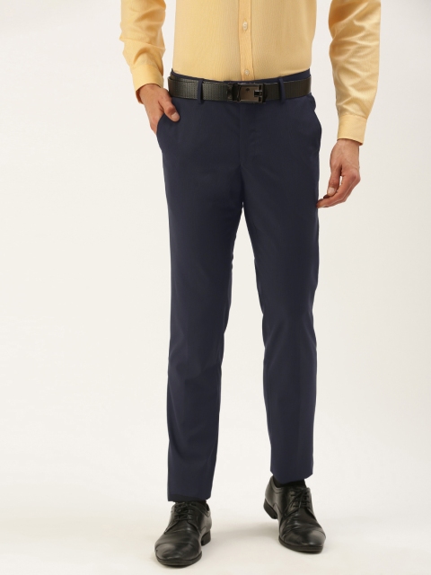 

Peter England Men Navy Blue Self-Designed Slim Fit Mid-Rise Formal Trousers