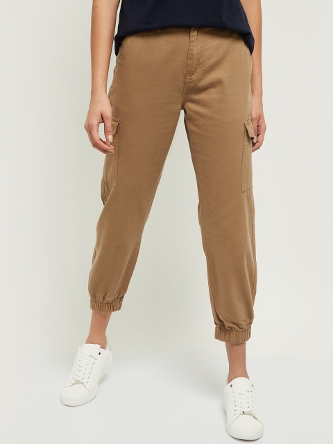 

max Women Brown Cotton Joggers Trousers