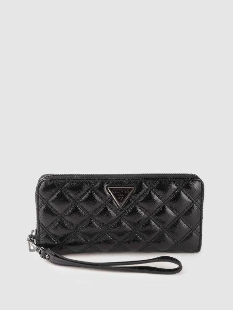 

GUESS Women Black Quilted Glossy Finish Zip Around Wallet with Wrist Loop
